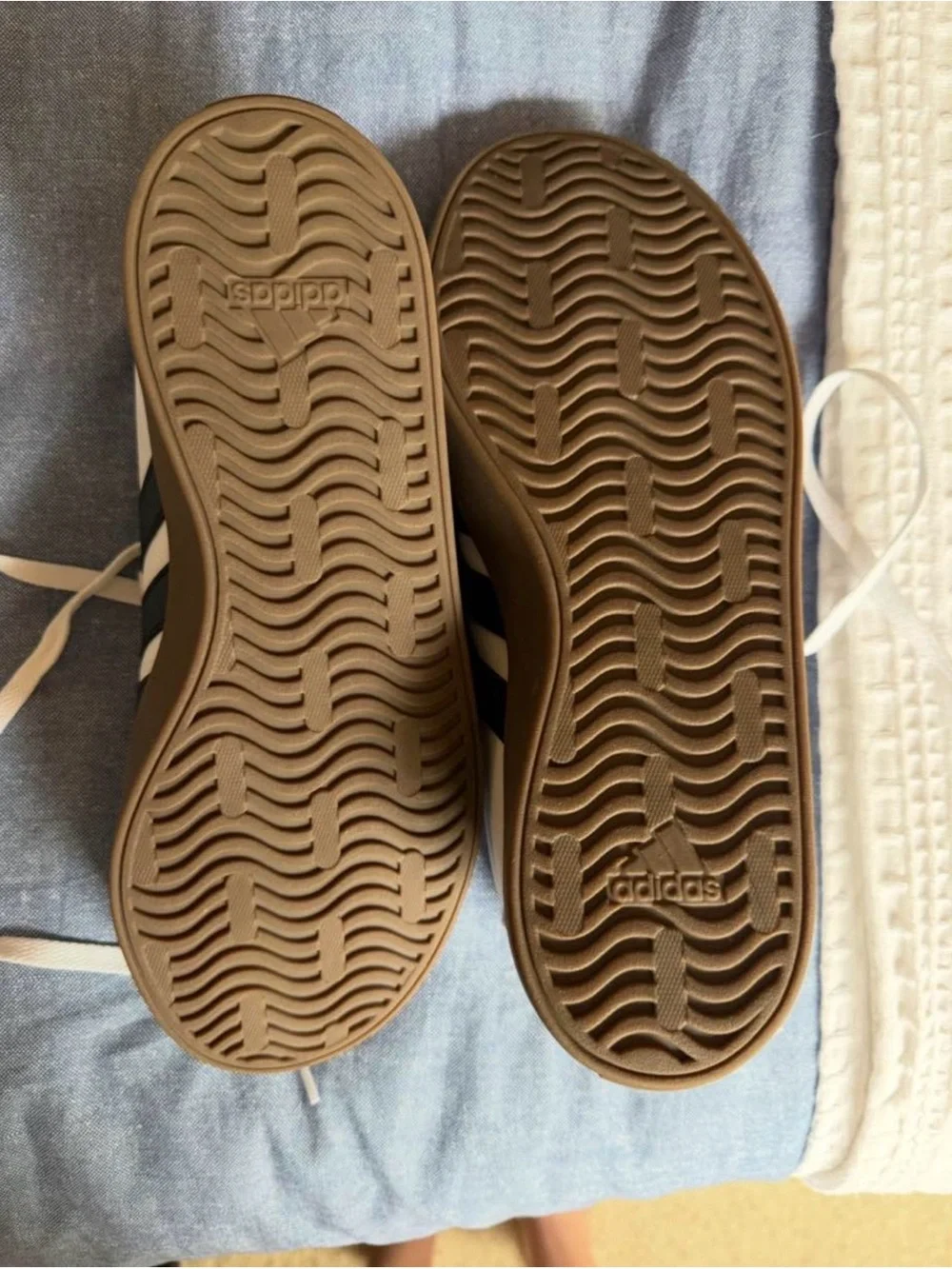adidas Women’s White Sneakers with Black Stripes and Beige Toe